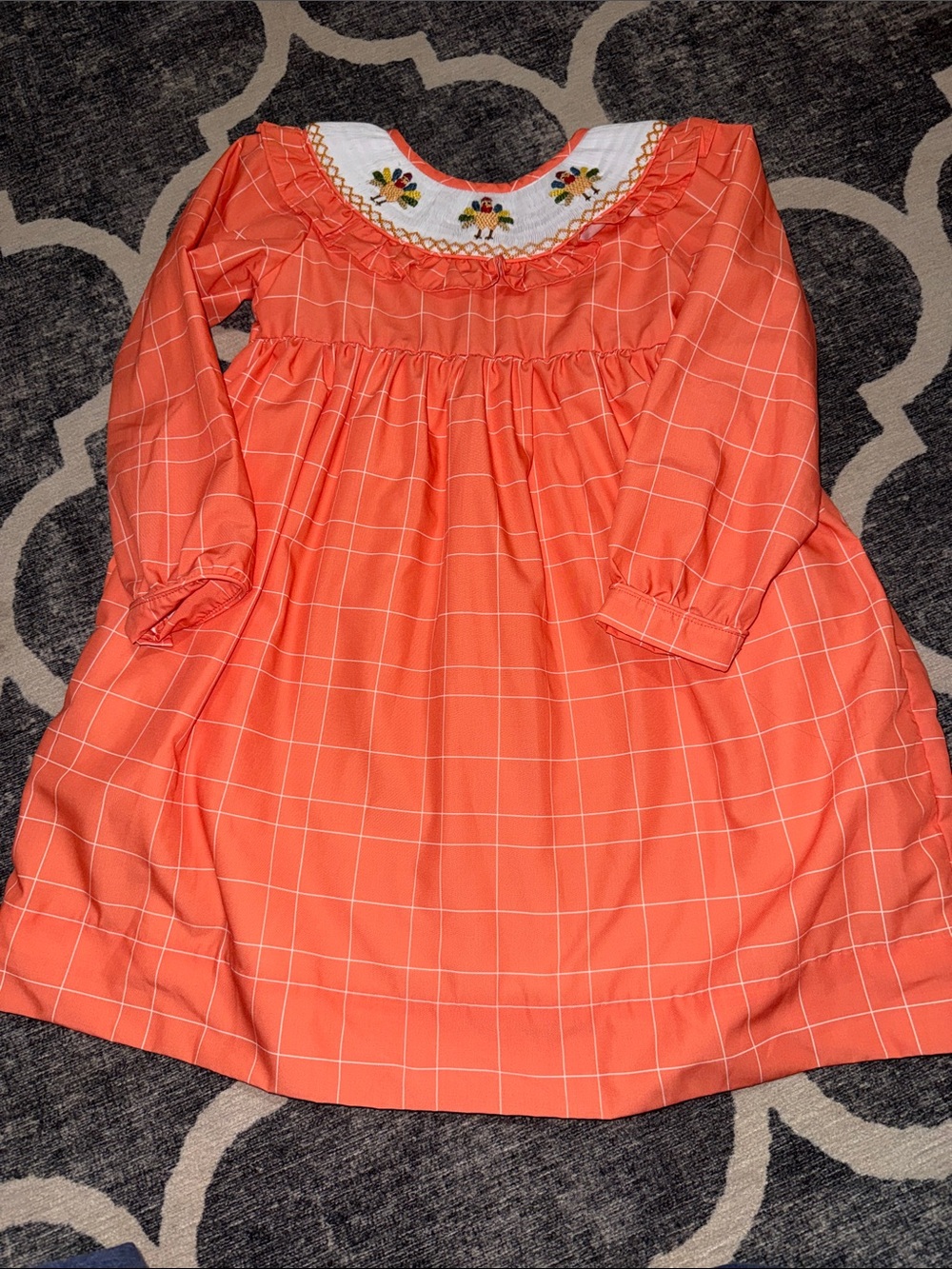 Smockingbird Turkey Smocked Orange Windowpane Dress Size 5
